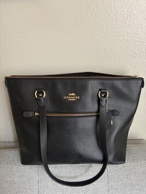 Coach Black Leather Tote with Gold-Tone Logo
